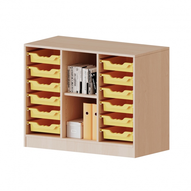 ErgoTray Regal, 3reihig, 2 OH, rechts+links je 6 flache Boxen, 2 Fächer mittig, B/H/T 104,5x82x40cm 